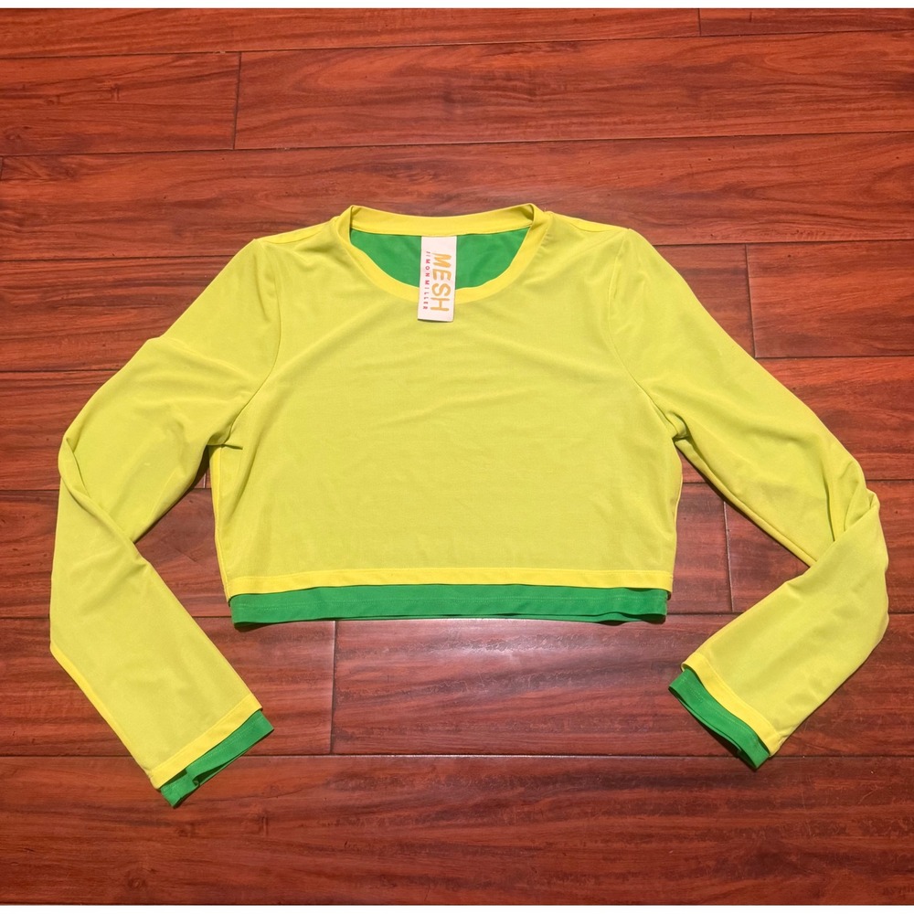 Simon Miller MESH Long Sleeve Crop Top Lime Yellow Green Layered Crew Neck L - Picture 2 of 8